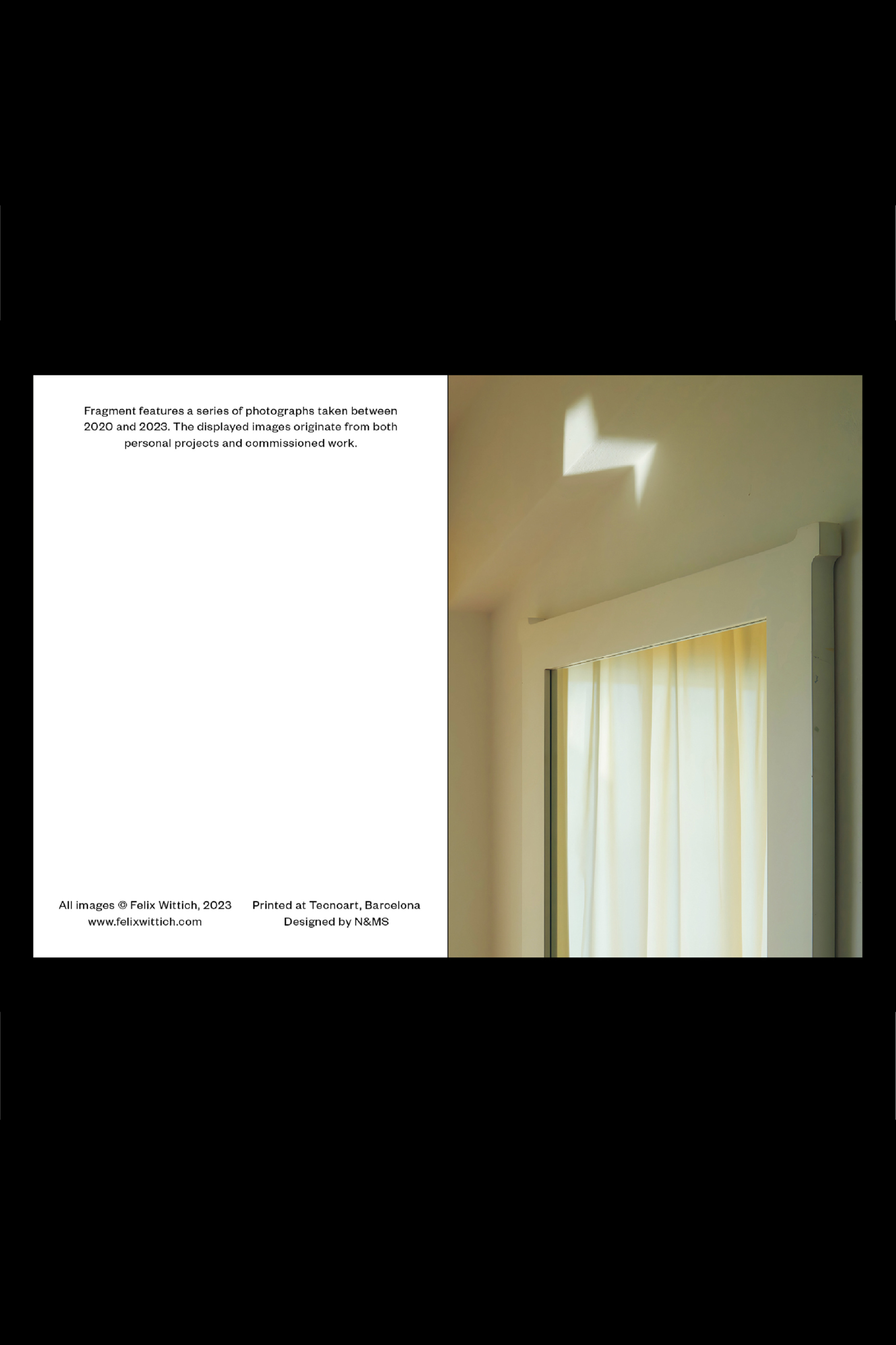 double spread of the publication, the left page shows the credits, on the right page you can see a photography of a mirror