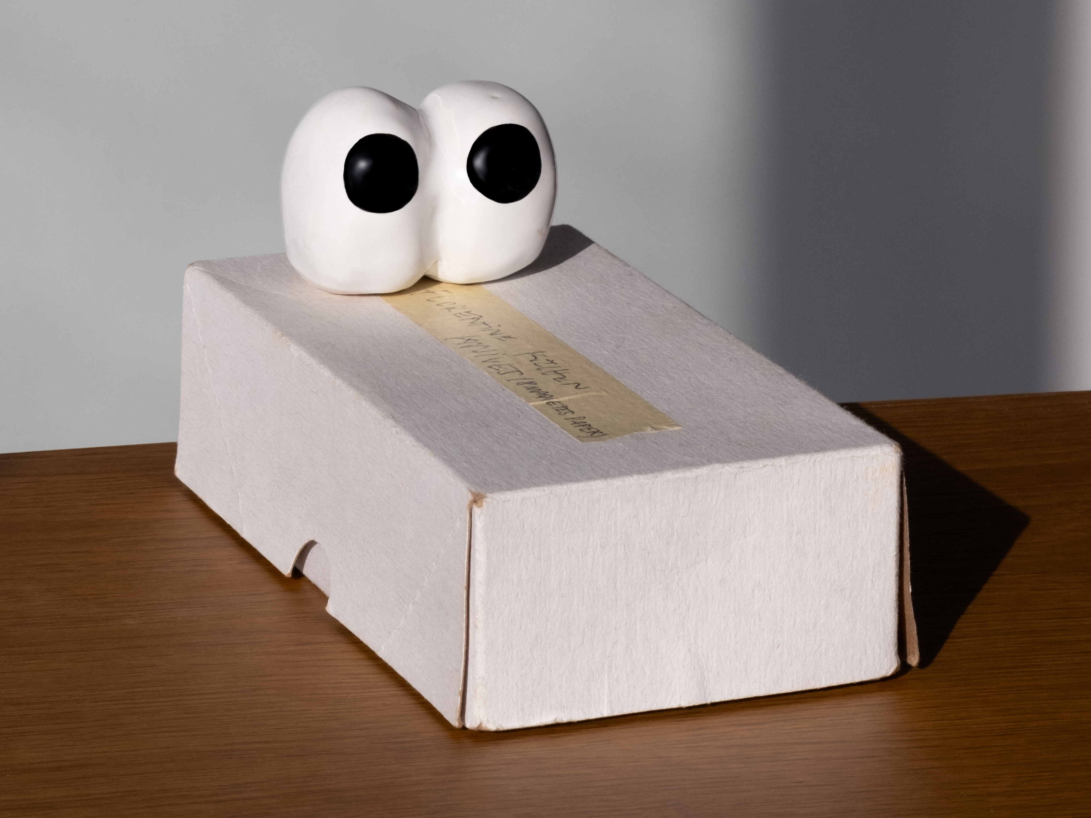 A pair of ceramic eyes standing on an old cardboard box