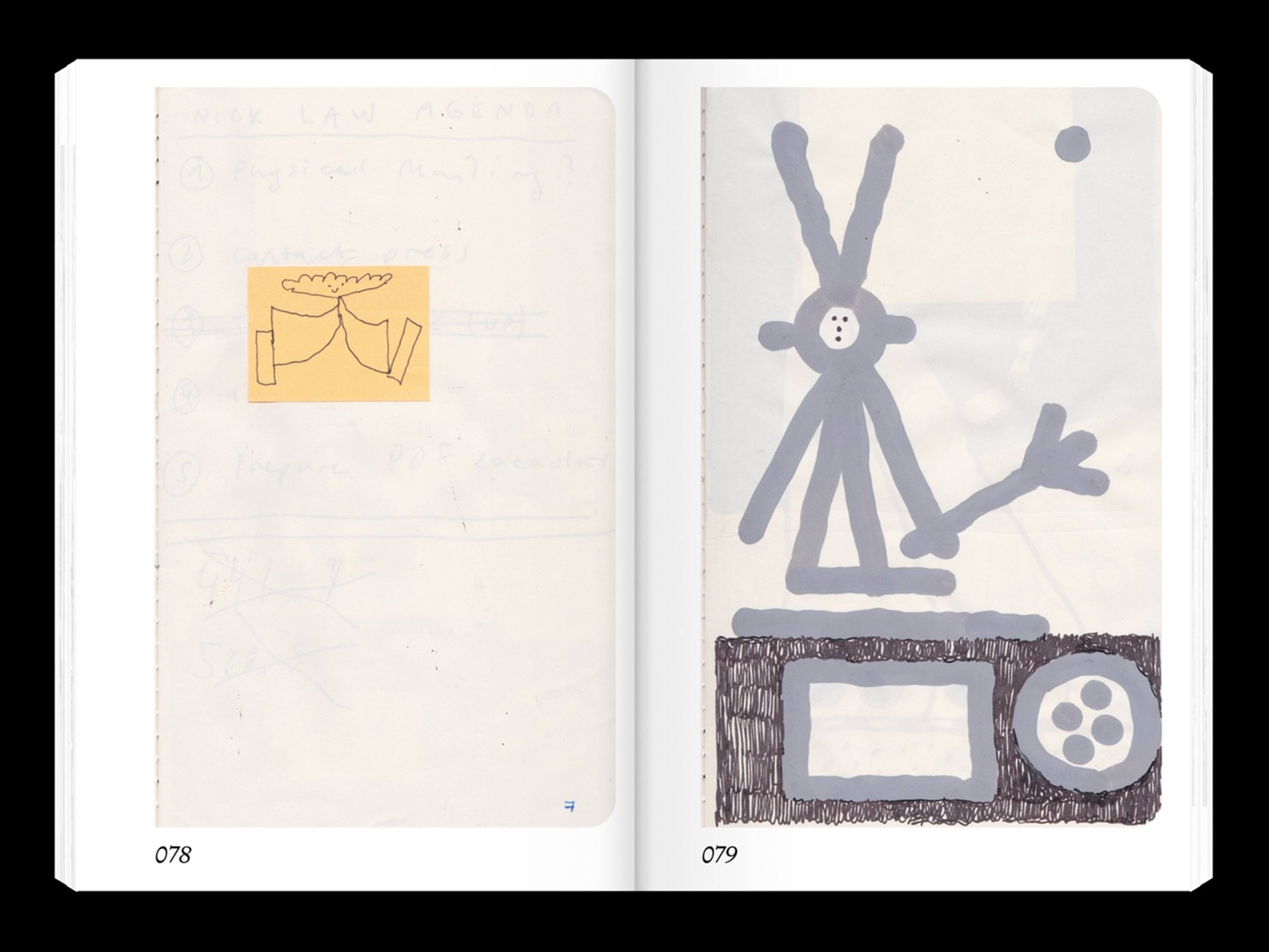 A double page from the book, on each page there is one drawing. The left drawing is small and you can see somebody walking. On the left drawing there is a grey person with very long hair growing upwards.