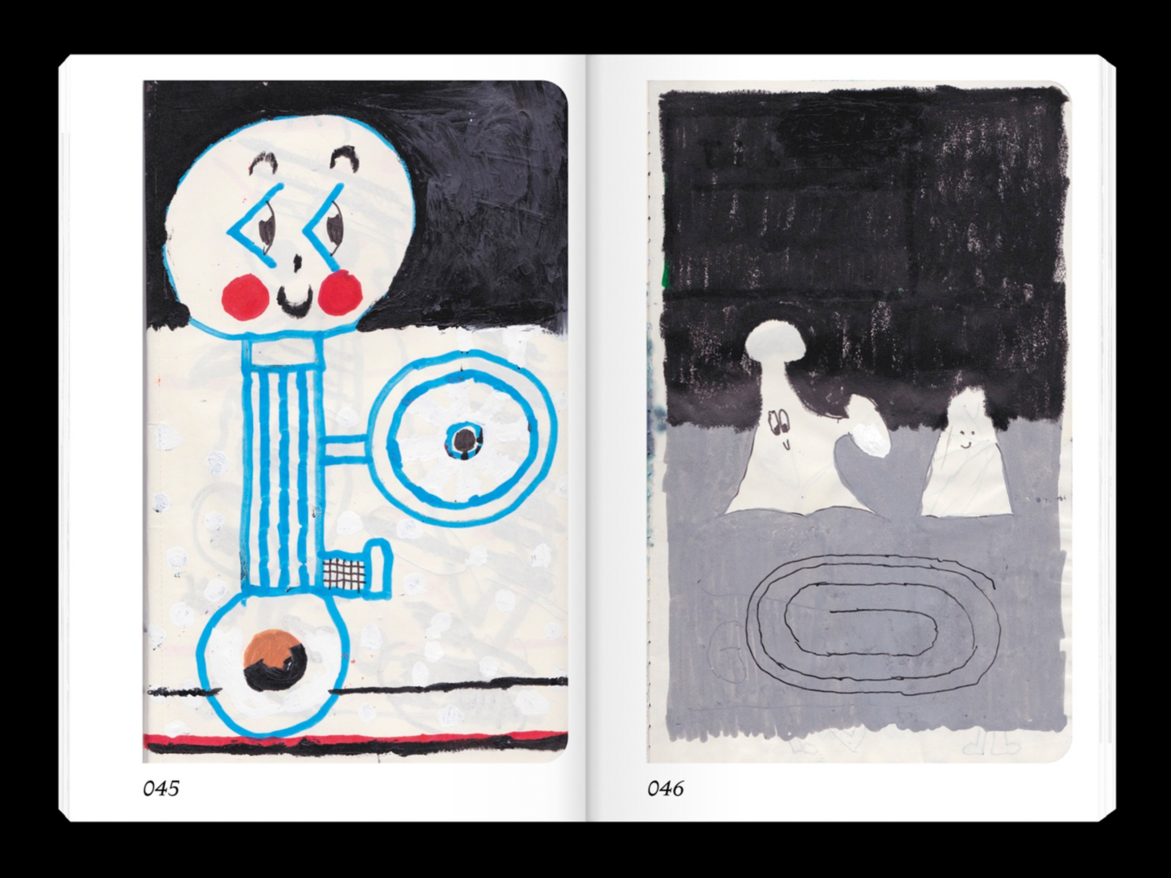 A double page from the book. On the right there is a blue character that drives a car. You can only see one wheel and the steering wheel. On the right oage there are two shapes with faces that stand on a grey surface and both look at a spiral