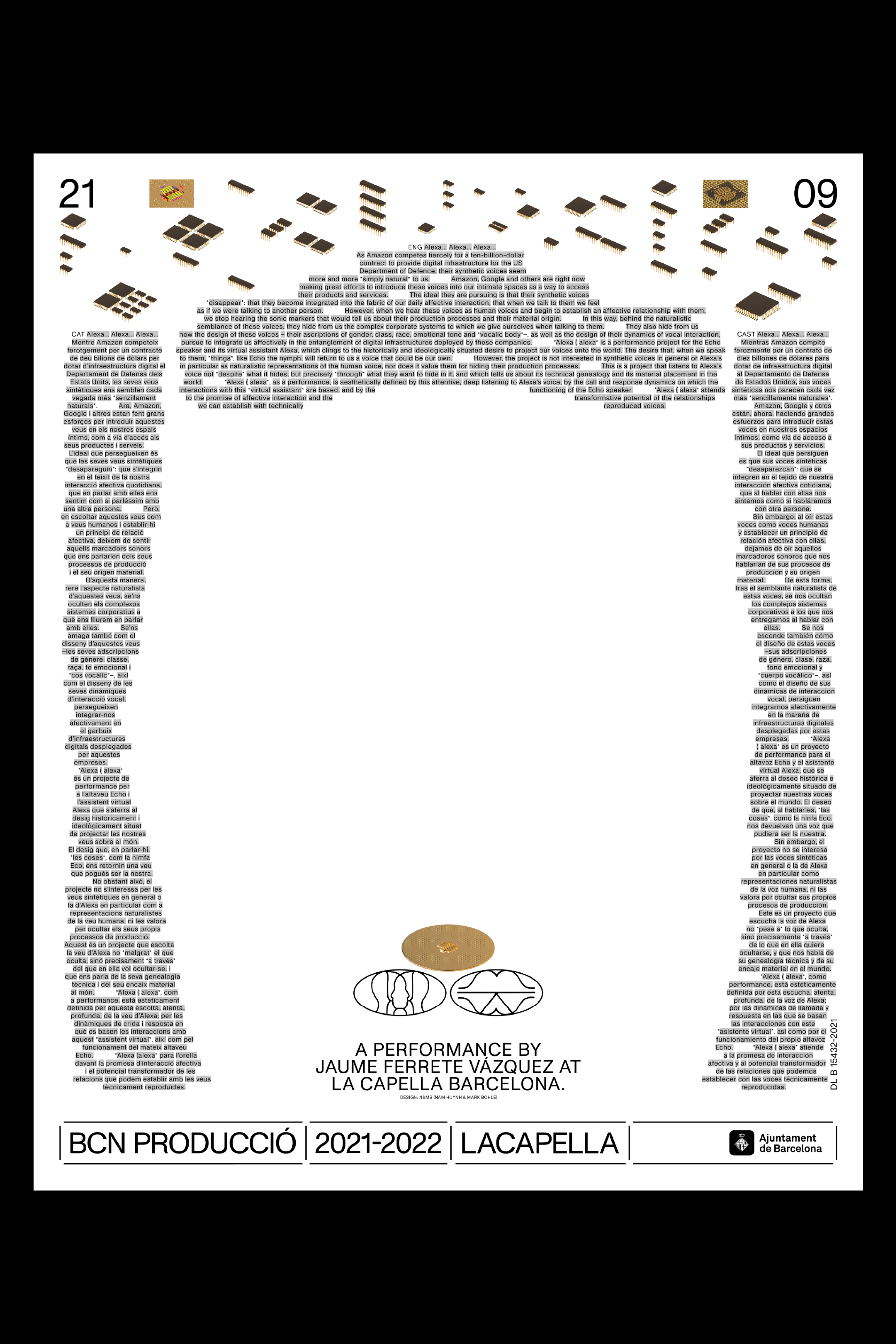 Backside of the poster for the performance "Alexa(Alexa" showing images of golden microchips and hand drawn illustrations.