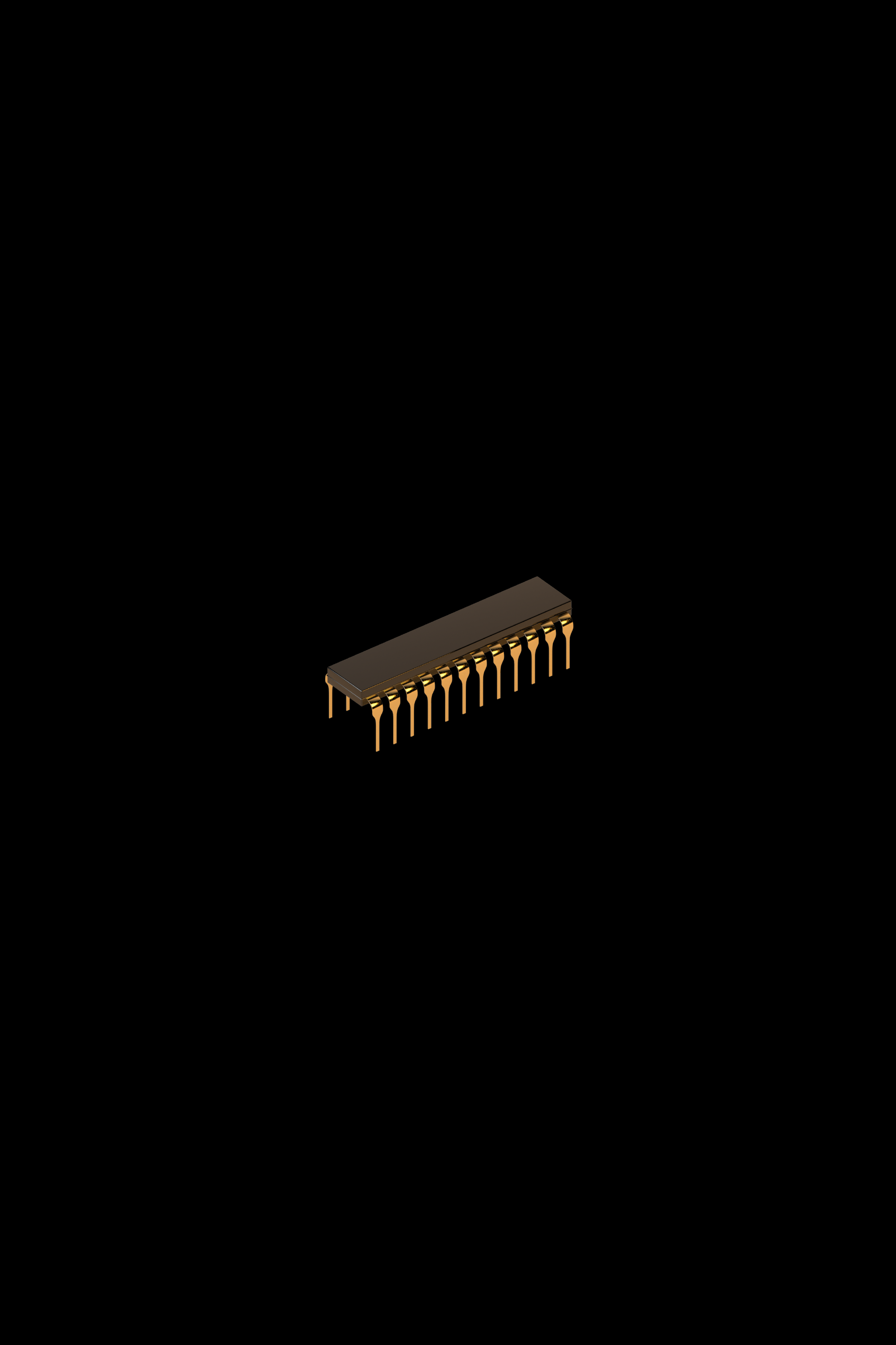 3D rendering of a small golden microchip on a black background.