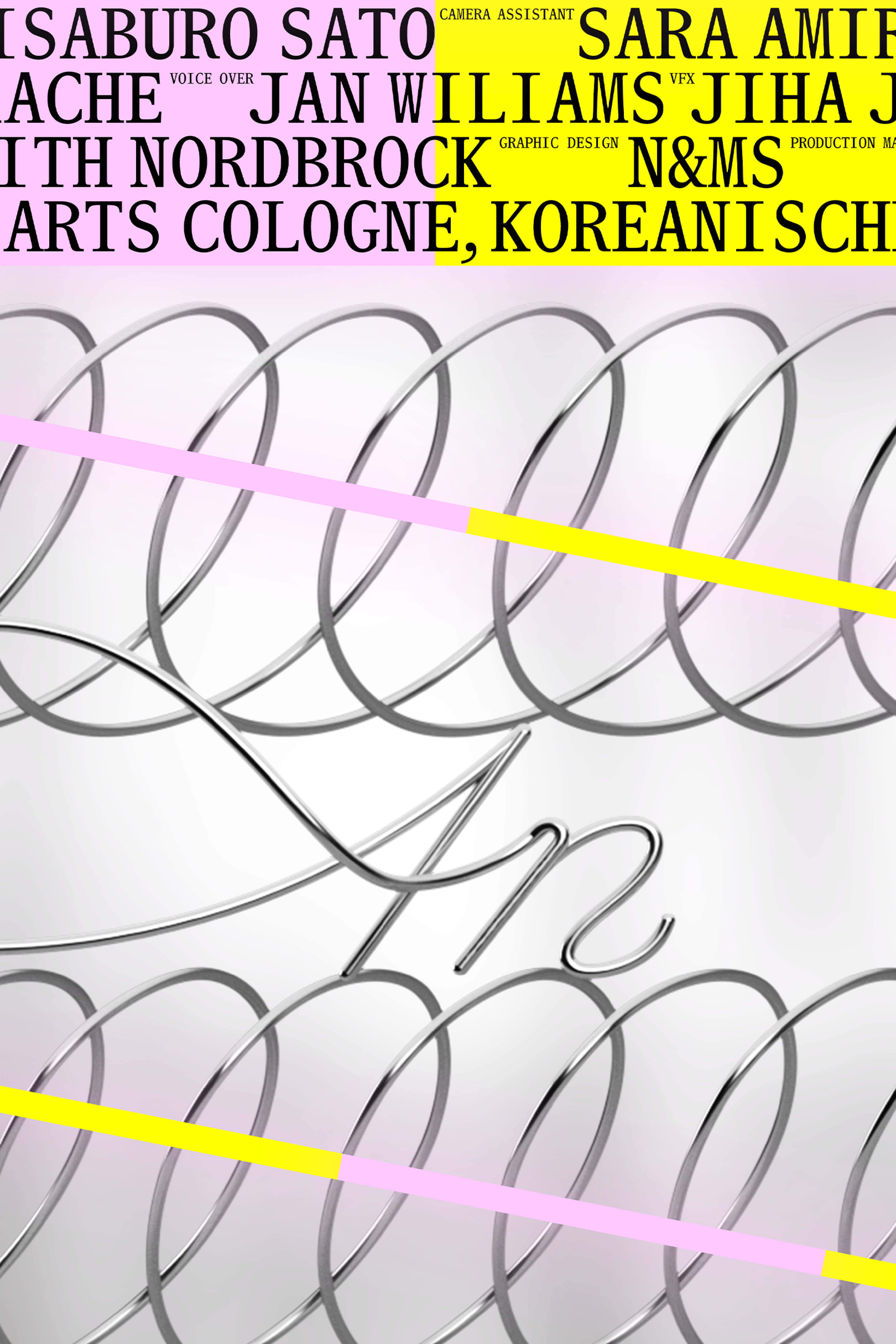 Close detail of the poster with a chromed display title decorated with yellow and pink elements.
