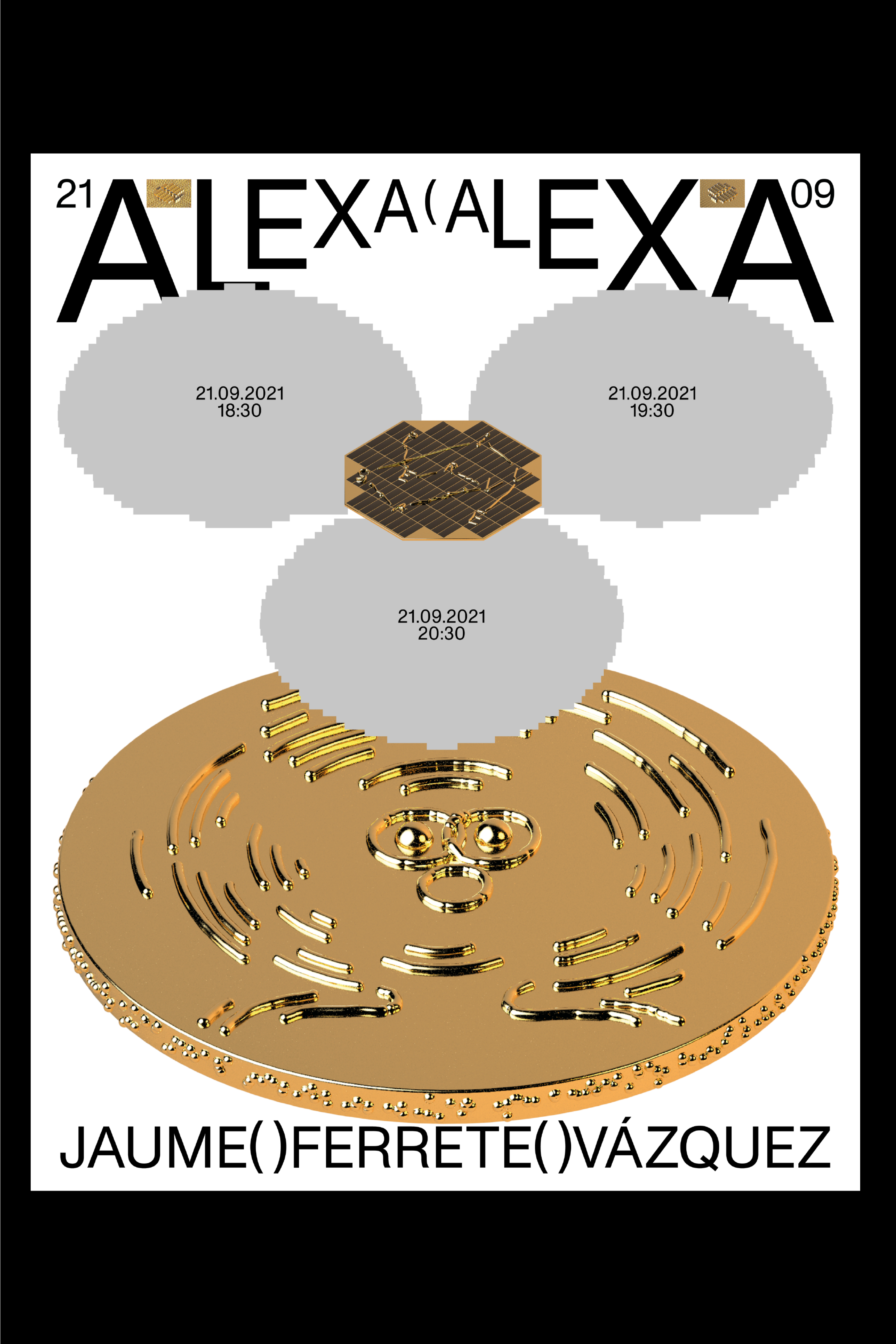 Poster for the performance "Alexa(Alexa" showing images of golden microchips and a coin.