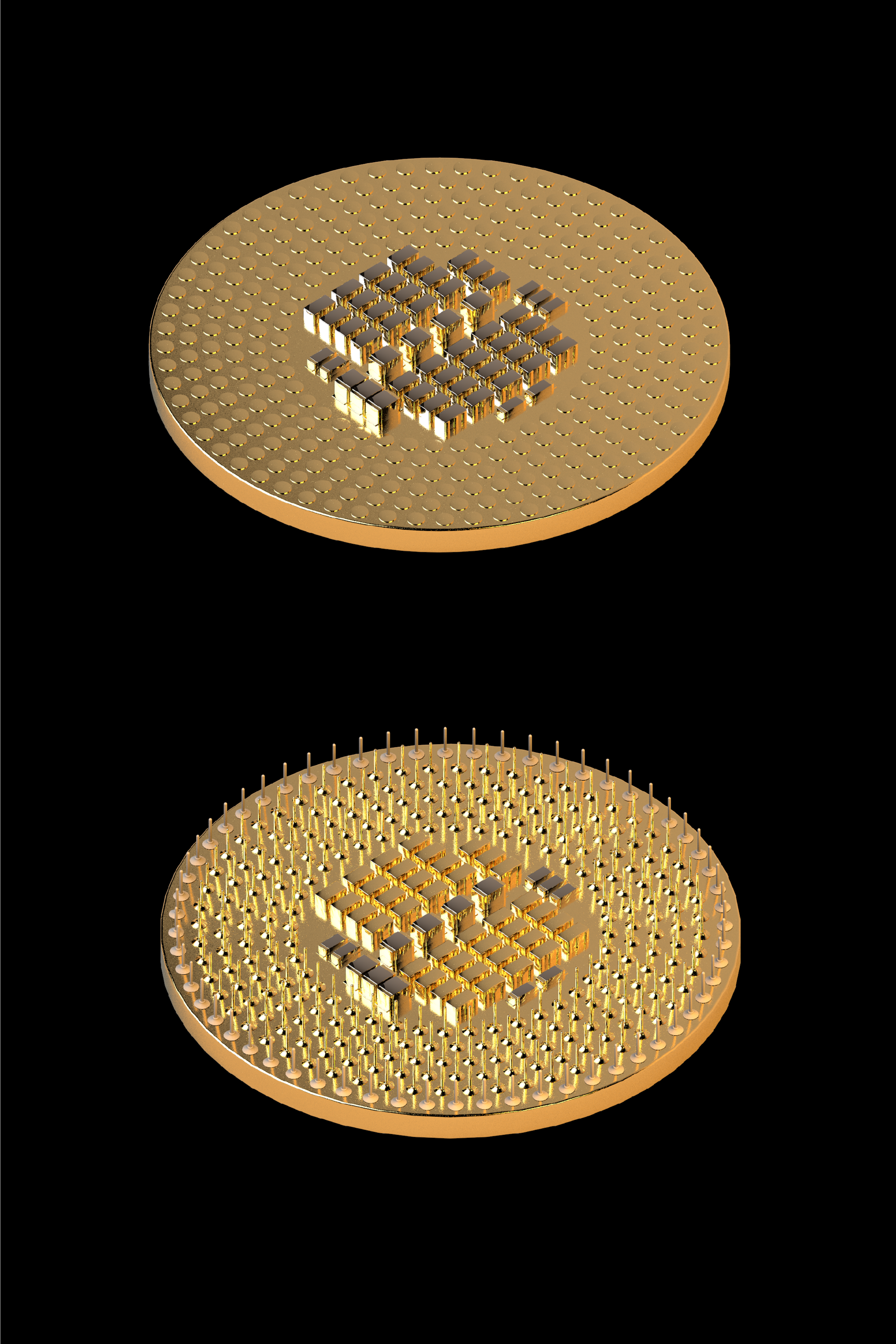 3D rendering of two golden round-shaped microchips on a black background.