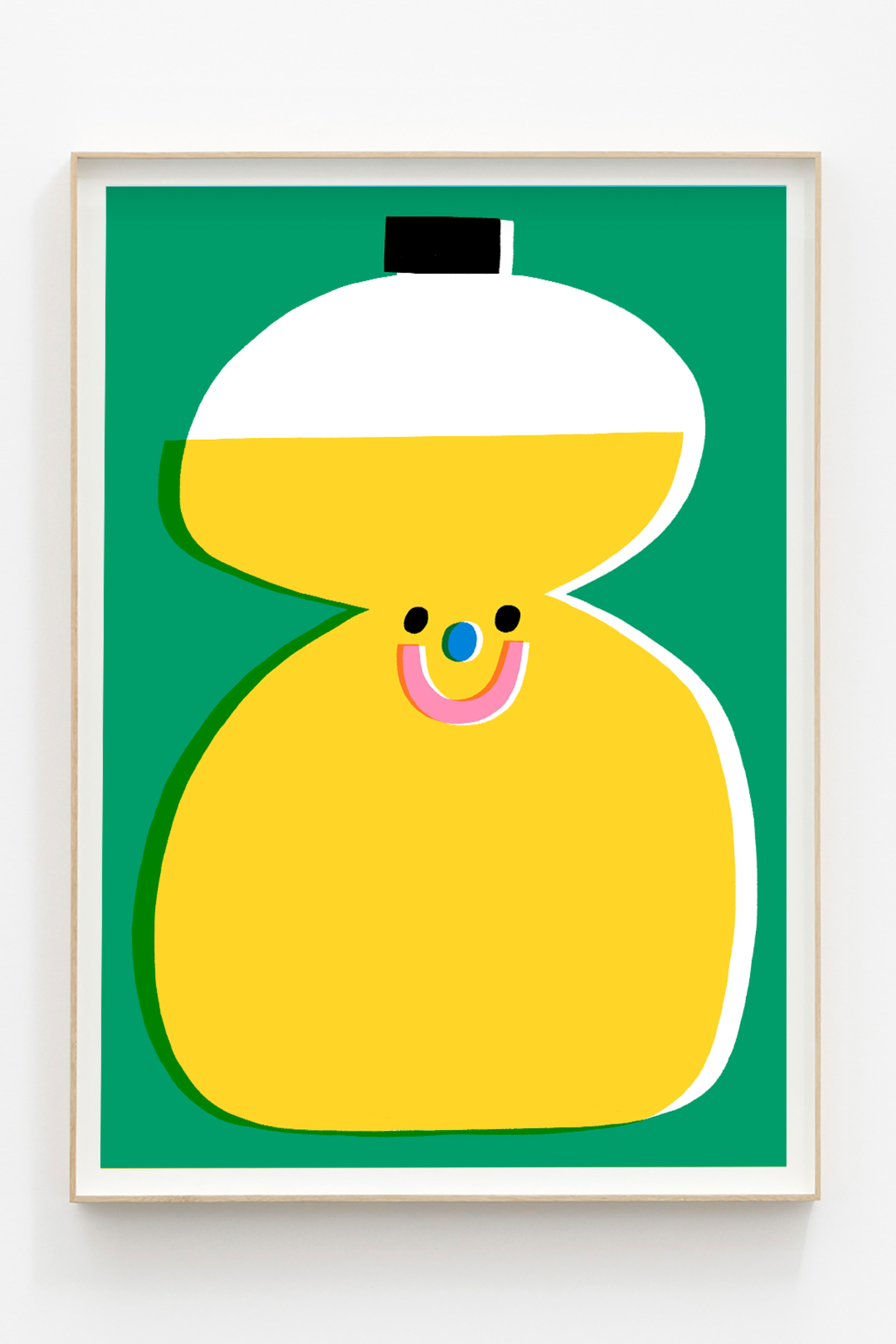 Illustration of a yellow smiling bottle on a green background.